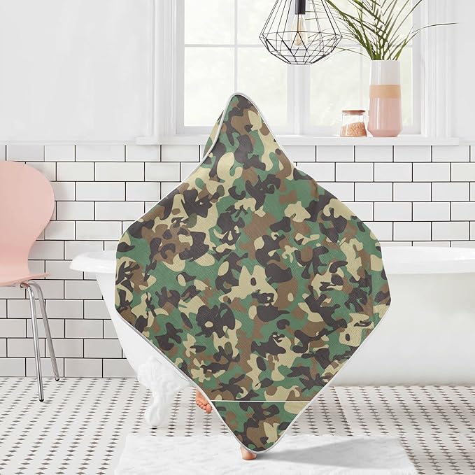 Pigsaly Dark Green Camo Print Hooded Baby Towel Woodland Camouflage Baby Bath Towel Unisex Soft Organic Cotton Washcloths Toddlers Shower Gifts for Boys Girls Newborn 30 x 30 in