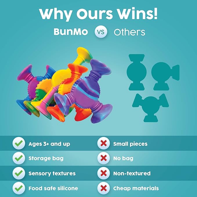 BUNMO Rainbow Textured Suction Toys – 10 Pack | Bath Toys and Suction Toys | Silicone Kids Bath Toys for Kids Ages 3+ | Bathtub Toys, Shower Toys & Travel | BPA-Free