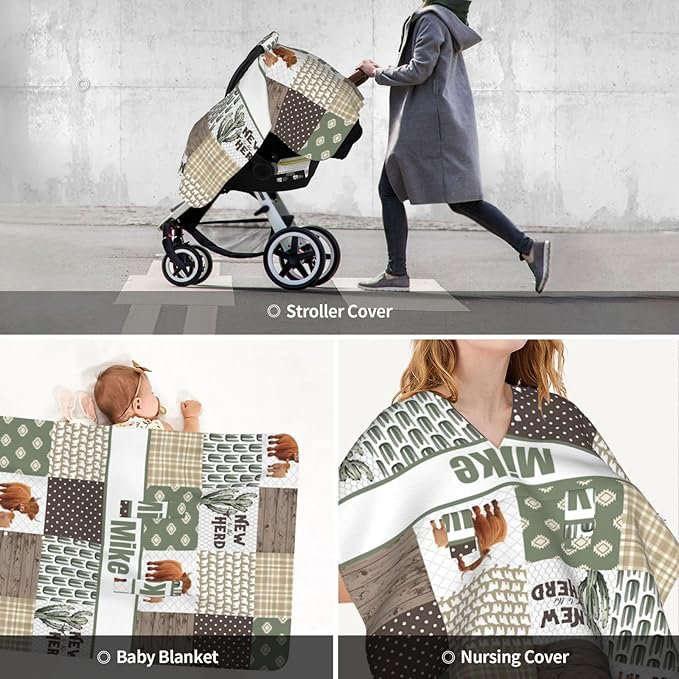 Custom Baby Car Seat Canopy with Name, Personalized High Land Cow Baby Car Seats Covers for Baby Boy, Opening Minky Nursing Breastfeeding Cover for Infant, Carseat Canopies for Newborn