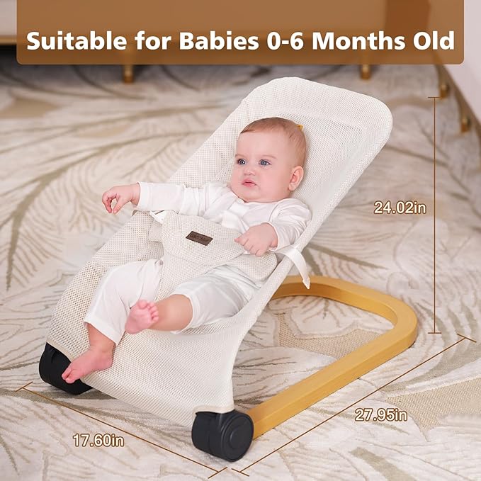 Baby Bouncer,Portable Baby Bouncer Seat & Foldable with 3 Height Adjustments, Ergonomic Bouncer for Babies 0-6 Months, Wood Grain Style, Natural Vibrations, Includes Storage Bag(Mesh Beige)