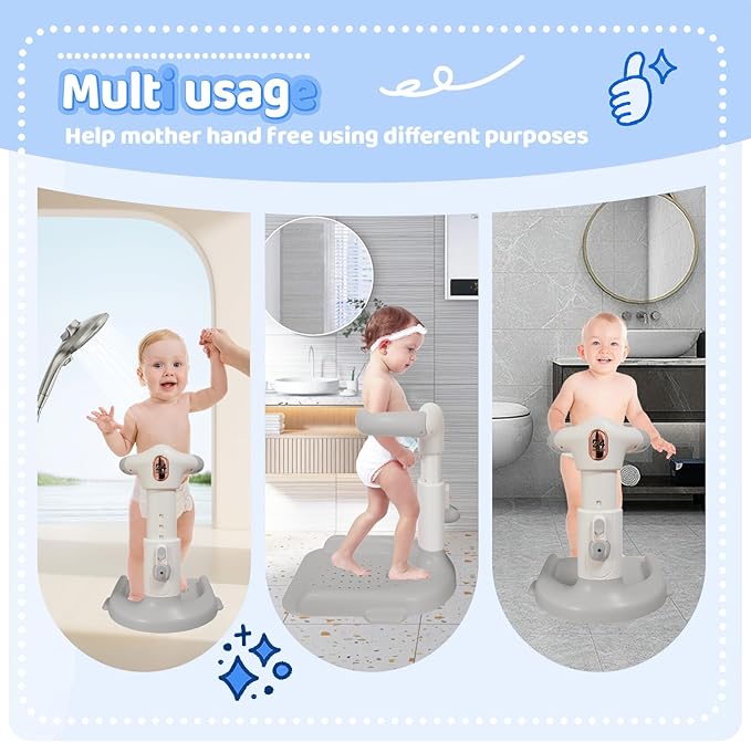Baby Bath with Shower Stand Support , Non-Slip Adjustable Baby Standing Support,Soporte para Bañera de Bebé,Toddler Standing Up Themselves,Ideal Gift for baby standing bath 8-36 Months (Gray)