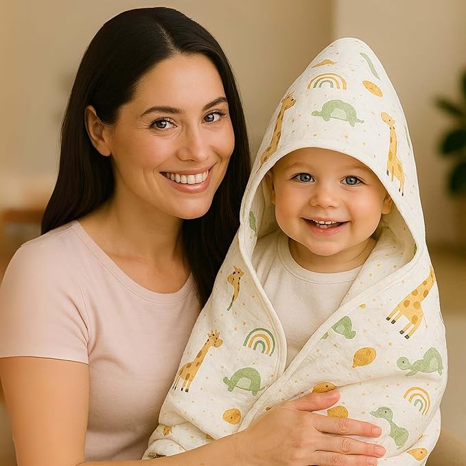 Chungie Soft Muslin Hooded Baby Towels 32x32 inches – 100% Cotton, 6-Layer Breathable Newborn Bath Towels with Hood, Pack of 2 (Printed + Embroidered)