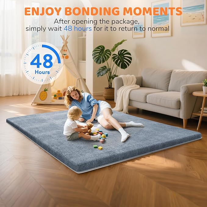 Omzer Baby Play Mat for Floor - 1.3" Thick Foam 71x79 Inch Playpen Mats with Removable & Washable Cover for Tummy Time, Soft Coral Velvet & Non-Slip Crawling Pad for Babies, Toddlers, Infants - Grey