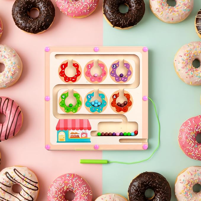 QimuMku Montessori Busy Board for Toddlers 2-4 Magnetic Color and Number Maze Wooden Donut Matching Game 1–6 Counting Learning Toys for Boys Girls Road Trip Essentials