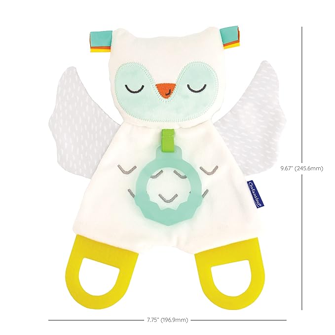 Infantino Glow-in-the Dark Cuddly Teether - Owl Soft Toy with 3 Textured Teethers, Fiddle Flags, Crinkle Sounds, Soft Material, On the Go Toy