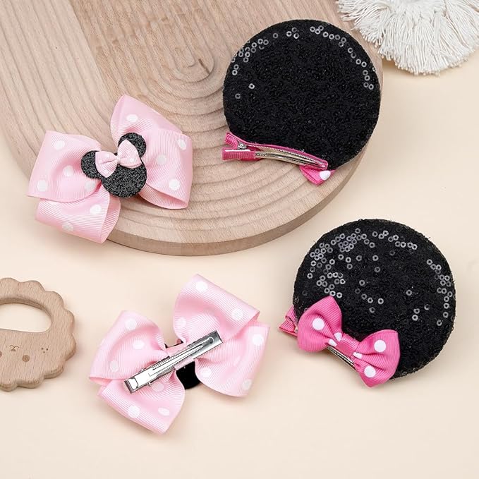 2 Pairs Pink Dot Mouse Ears Hair Clips & Mouse Hair Bows Barrettes for baby Girls Accessories Birthday Party Decorations Gift