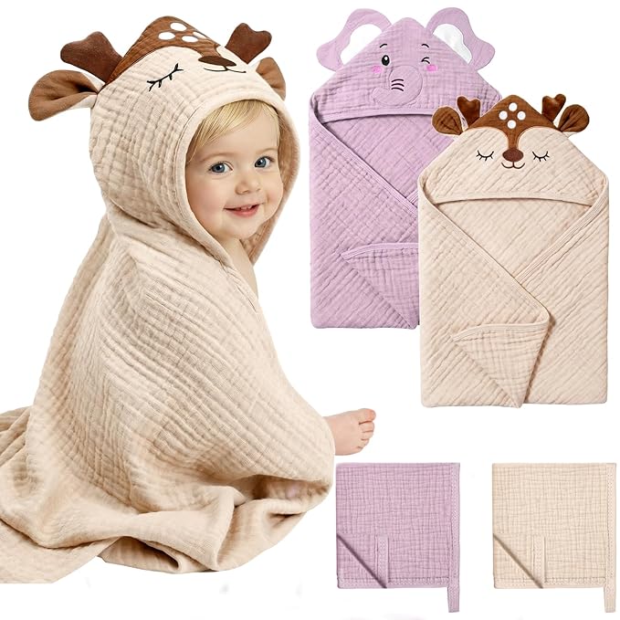 4 PCS Muslin Baby Bath Towels Set, 100% Cotton 2 PCS Animal Hooded Baby Towels 32x32 Inch & 2 PCS Washcloths, Ultra Absorbent & Soft Infant Newborn Essentials Gifts for Boys & Girls, Elephant & Deer