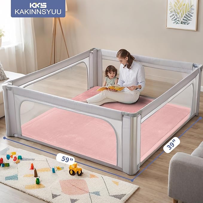 2-Inch Extra Thick Baby Play Mat for Floor, 59"x39" Large Ultra Soft Pink Rug, Nursery Rug with Powder-Free Memory Foam & Non-Slip Base for Tummy Time, Perfect for Baby Girl Room Decor