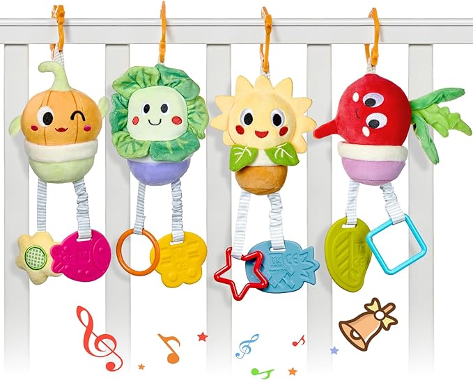TUMAMA Baby Toys 0 3 6 12 Months, Soft Hanging Stroller Toys Potted Plant Crib Car Seat Toys, Infant Newborn Crinkle Infant Rattles with Teether Squeaky Sensory Developmental Toy