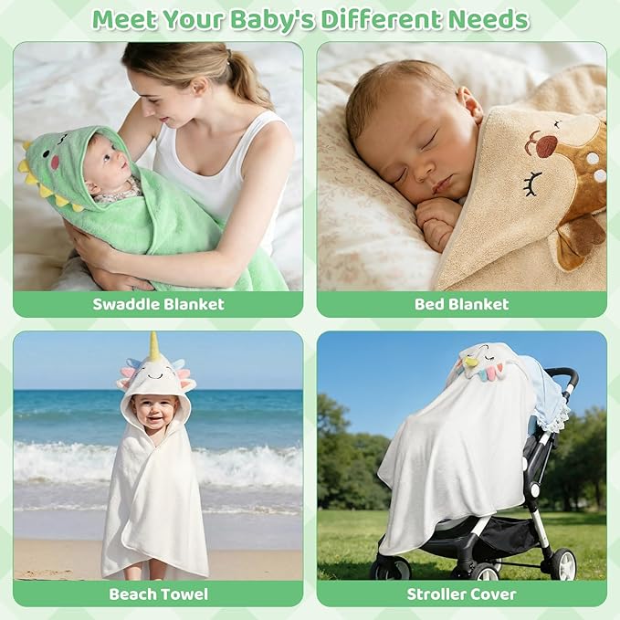 CandyHome 9 PCS Baby Bath Towels for Infants Toddlers, 3 PCS Animal Hooded Baby Towels & 6 PCS Washcloths Set, Ultra Absorbent Soft Cute Newborn Bath Essentials Gifts for Boys & Girls