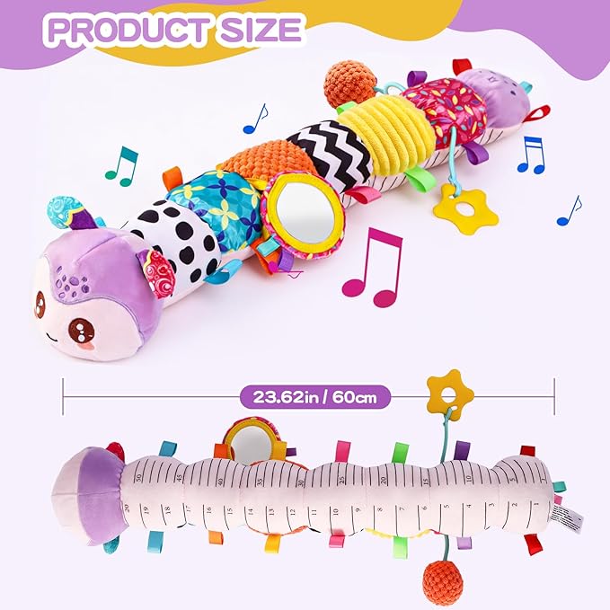 Baby Toys 0-6 Months, Musical Toys for Purple Caterpillar, Infant Stuffed Animal Soft Sensory Toys with Crinkle、 Rattles and Textures, Tummy Time Toys for Newborn Boys Girls 0 3 6 12 Months