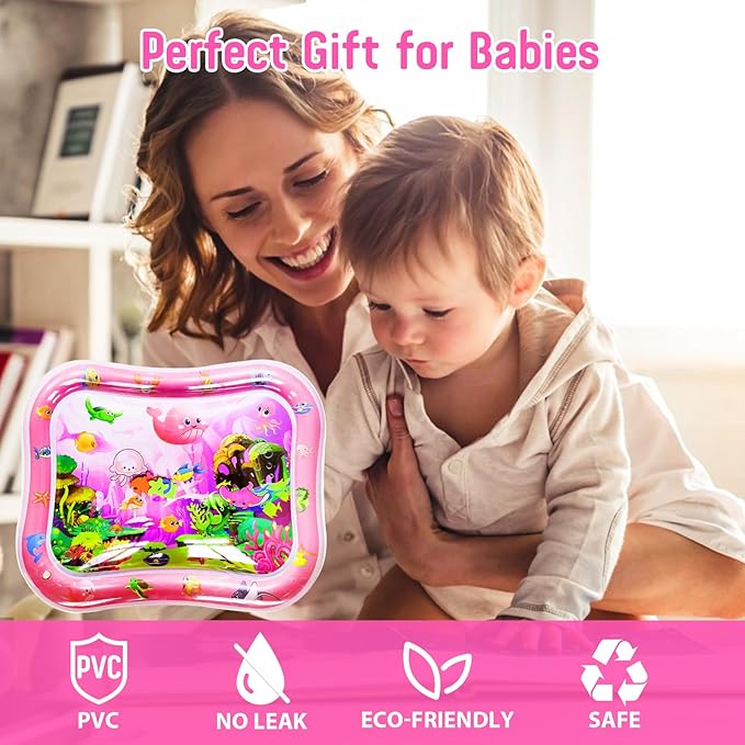 Baby Water Mat Large 37.4"x29.9", Safe Inflatable Tummy Time Water Play Mat for Infants & Toddlers with Climate Pledge Friendly, Newborn Sensory Water Pad for Christmas Gift (Pink)
