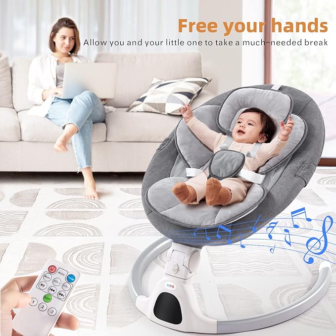 Jaoul Baby Swing for Infants - Electric Portable Newborn Bouncer, Timing Function, 5 Speeds, 3 Seat Positions for Boys and Girls (Gray)