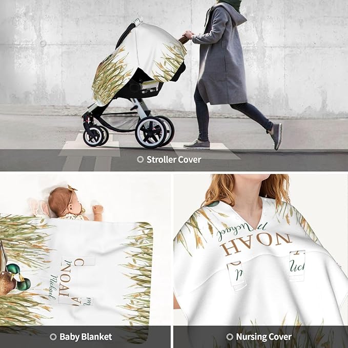 Personalized Baby Car Seat Canopy with Name – Wild Duck Theme, Custom Minky Nursing Cover for Boys & Girls, Soft Stroller Cover for Infants & Newborns, Carseat Canopy for Breastfeeding