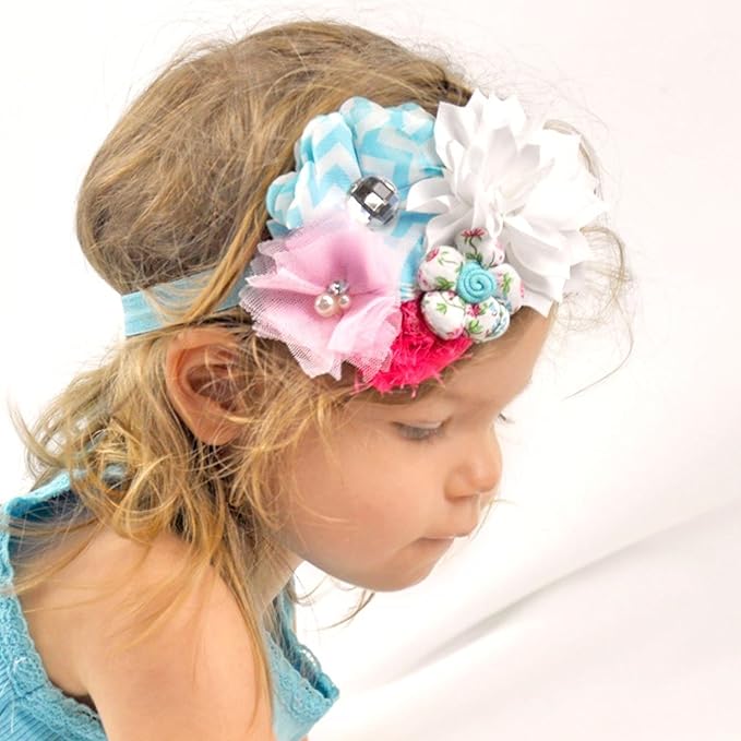 My Lello Headband Shabby Fabric Flower Cluster Baby - Infant - Toddler - Girl Stretchy Elastic White