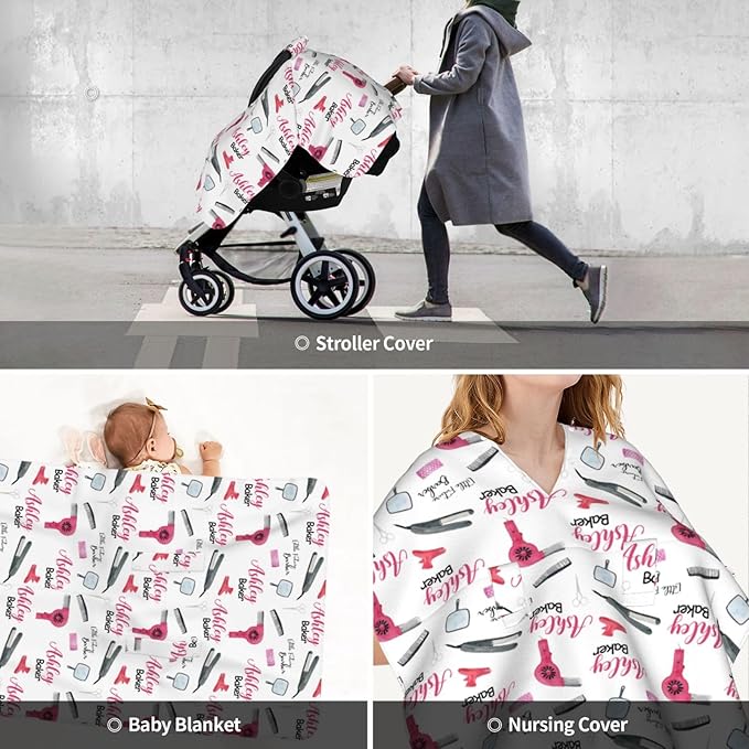Personalized Baby Car Seat Canopy for Babies, Custom Name Baby Car Seats Covers for Boys Girls, Opening Minky Nursing Breastfeeding Cover for Infant Newborn, Carseat Canopies (Future Barbers)