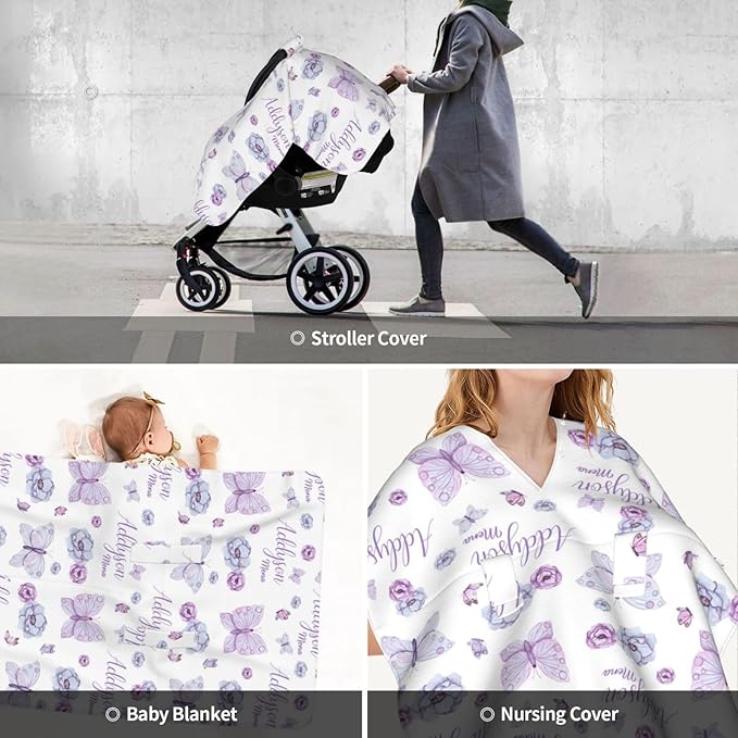 Personalized Baby Car Seat Canopy for Babies, Custom Name Purple Butterfly Baby Car Seat Covers for Girls, Opening Minky Nursing Breastfeeding Cover for Infant, Carseat Canopies for Newborn