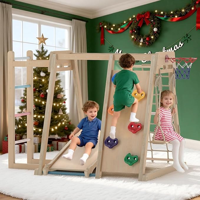 OLAKIDS Indoor Jungle Gym, 9 in 1 Wooden Montessori Baby Climbing Toys with Adjustable 2 Swings Ramp, Monkey Bar Basketball Hoop Ladder Climb Net (Natural)