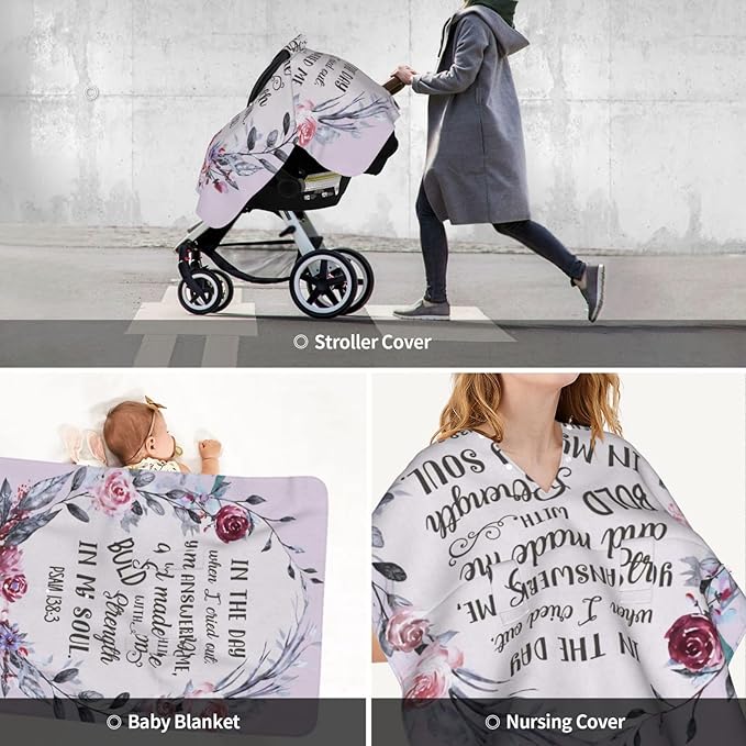 Psalm 138 3 in The Day When I Cried Out Baby Car Seat Cover & Nursing Cover - Breathable Stretch Fabric Multi-Use for Breastfeeding, Stroller Sunshade, Shopping Cart Cover