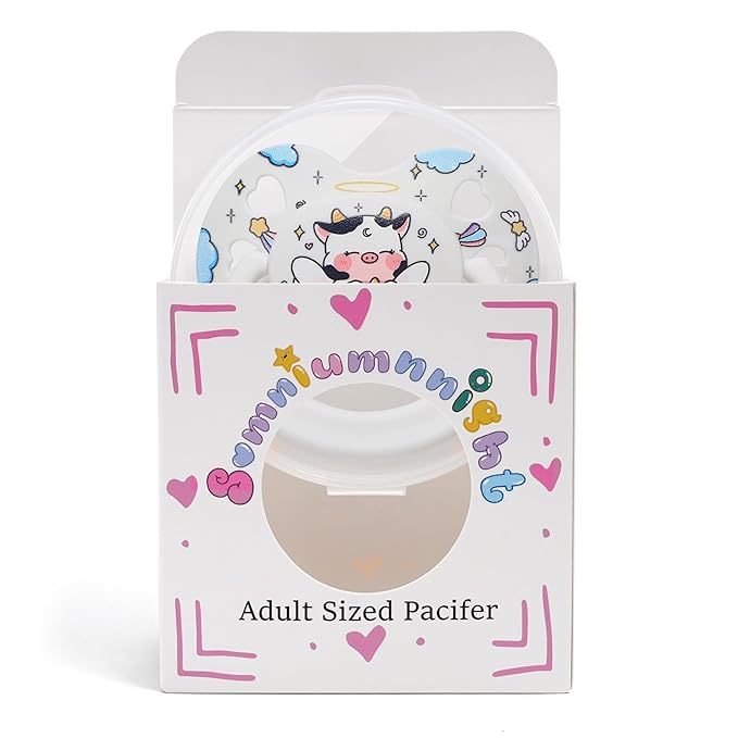 Cute Adult Size Pacifier for Anxiety: Angel Cow Soft Silicone Heart Shaped Paci for Stress Relief and Autism - Bigshield Binky for Sleep Gag Gift with Case White