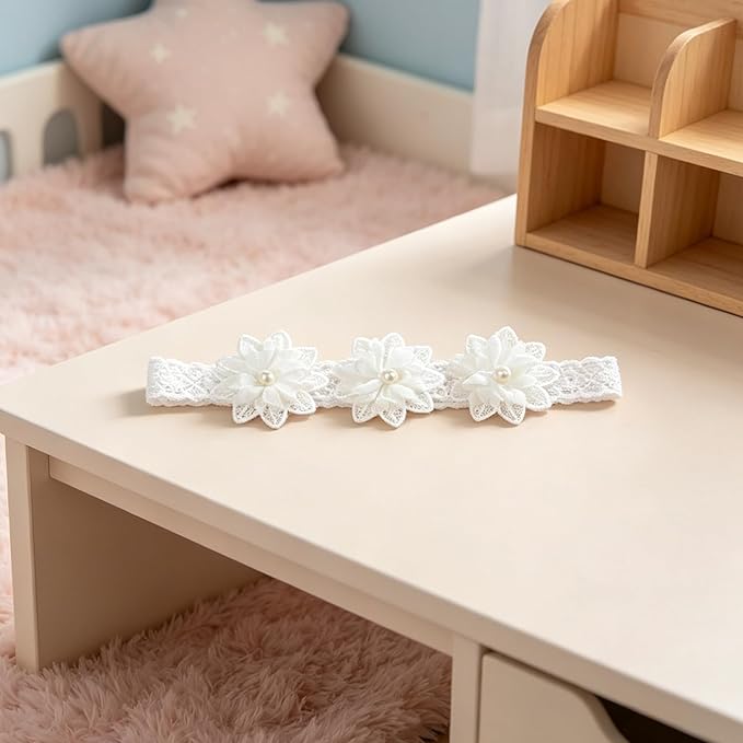 Baby Girls Hairband White Bow Lace Headbands Handmade Soft Stretchy Wide Head Band Newborn Hairbands with Bows Pearls Elastic Headband for Infant Hair Accessories(Three White Flowers)