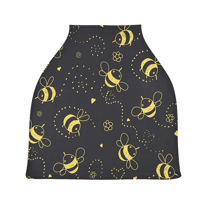 Cartoon Cute Bee Flower Heart Pattern Doodle On Black Stretchy Baby Car Seat Cover Infant Canopy Nursing Covers Breastfeeding Cover Breathable Windproof Winter Scarf for Boys Girls