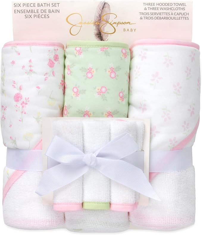 Jessica Simpson Baby 6-Piece Hooded Towel & Washcloth Set – Soft Polyester Baby Bath Towels – Pink & Green Floral Design