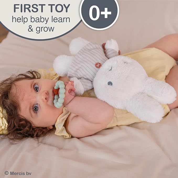 Kids Preferred Miffy Baby Ragdoll Activity Toy - Super Soft Fabric, Teether Ring, Crinkle & Rattle, On-The-Go Clip, Ages 0 Months and up, 10 inches