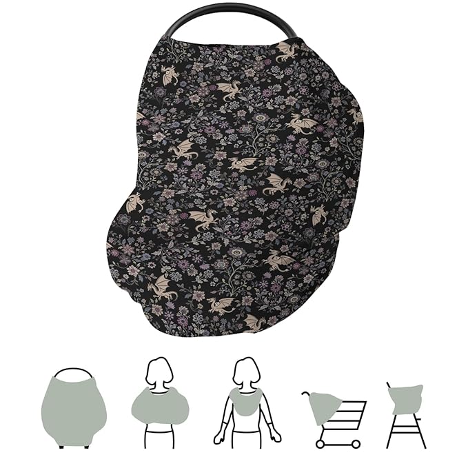 Fantasy Floral Dragons Car Seat Cover for Baby Fairytale Dragon Gothic Black Purple Flowers Stretchy 5-in-1 Cover Adjustable Car Canopy Breastfeeding Cover Fantasy Animal Breathable Nursing Cover-Up