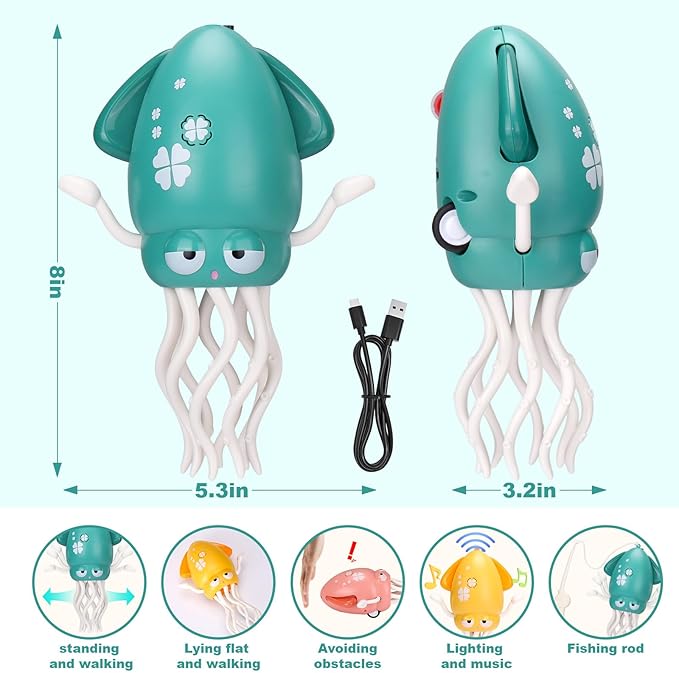 Palksky Dancing Squid Baby Toy in Tummy Time,Magic Electric Octopus Automatic Obstacle Avoidance Toy with Light & Music,Crawling Toys for Learning to Walk,Green