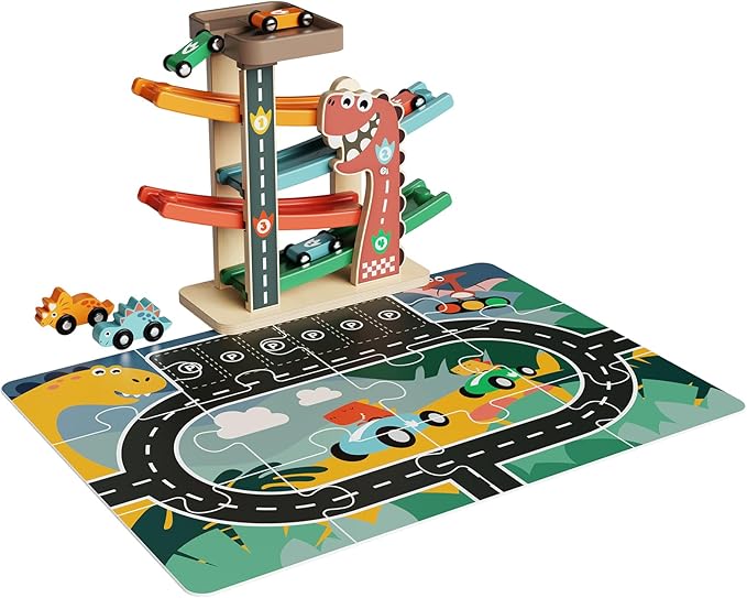 Montessori Car Ramp Toy for Toddlers 1 2 3 Year Old Wooden Dinosaur Race Track with 6 Cars & Parking Garage Kids Play Cars & Race Cars Birthday for 1-3 Boys Girls Baby Motor Skills Toy