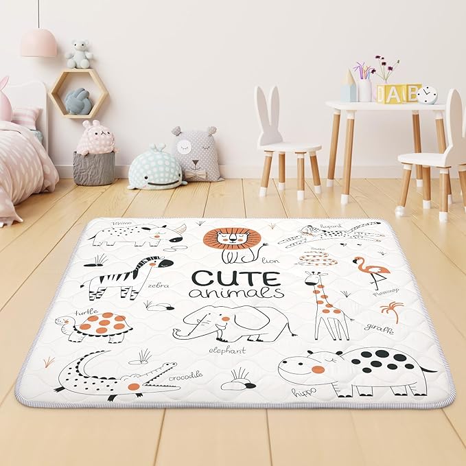 Baby Play Mat for Floor,Soft 50x50 Playpen Mat,Thick Foam Playmat for Tummy Time,Safe Non-Slip Backing for Kids,Line Animals