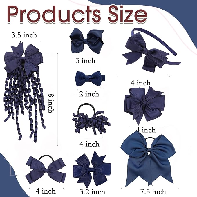 School Hair Accessories Set 14 Pcs Uniform Hair Bow Headband Clips Hair Ties Curly Korker Bows for Little Toddler School Girls (Navy)