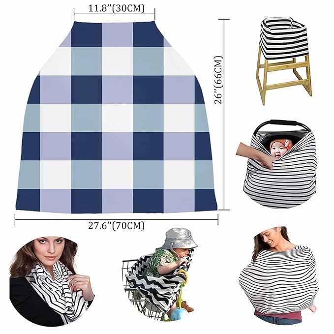 Blue White Plaid Car Seat Covers for Babies, Modern Geometric Checkered Lattice Nursing Breastfeeding Covers Stretchy Breathable Baby Carseat Canopy Cover for Girls and Boys Shower Gifts