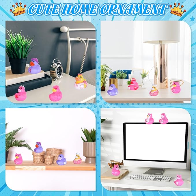 24PCS Pink Rubber Ducks with Cards and Bands - Cute Mini Ducks for Birthday Parties, Baby Showers, and Cruise Ship Fun | Assorted Designs for Kids