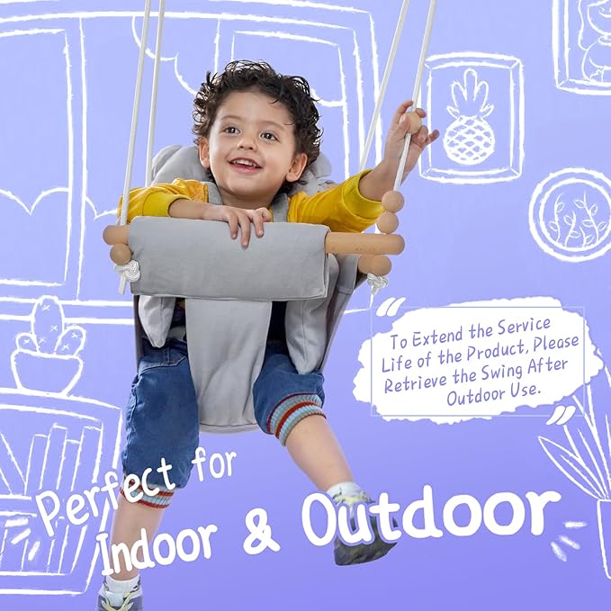 Baby Swing Indoor Outdoor,Secure Canvas Wooden Toddler Swing Seat, 3-Point Adjustable Safety Harness,Mounting Hardware Included,Gift for Boys and Girls, Grey
