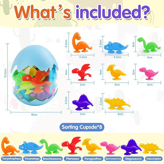 Baby Suction Cups, 16PCS Silicone Dinosaur Sucker Toys with Eggshell Storage, Sensory Bath Toys for Kids Ages 4-8, Counting Learning Color Tool, Window Toy, Easter Egg Gifts for Boys Girls Ages 3+