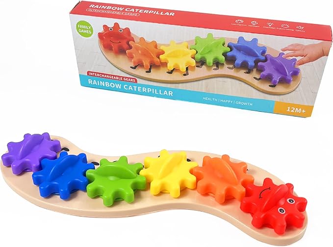Rainbow Caterpillar Gear Toy - Teaches Color Names & Matching - Spinning Rainbow Baby Toy - Toddler Puzzle
