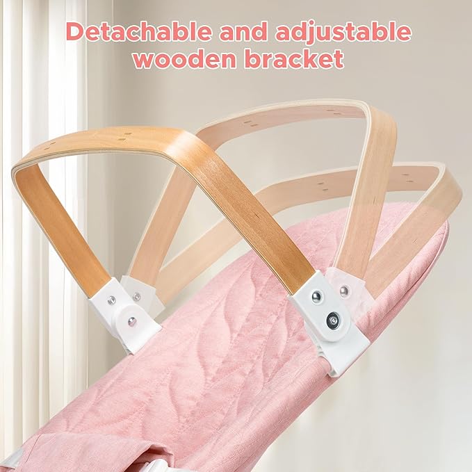 Portable Baby Bouncer, Bouncer Seat for Babies 0-12 Months, 3 Recline Positions, Foldable Baby Rocker Chair with Removable Wooden Bar, Pink