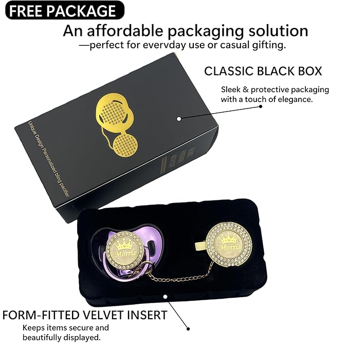 Personalized Bling Pacifier Box and Pacifier Set Unique Gift to New Bron Baby and Baby Shower (Metallic Purple)