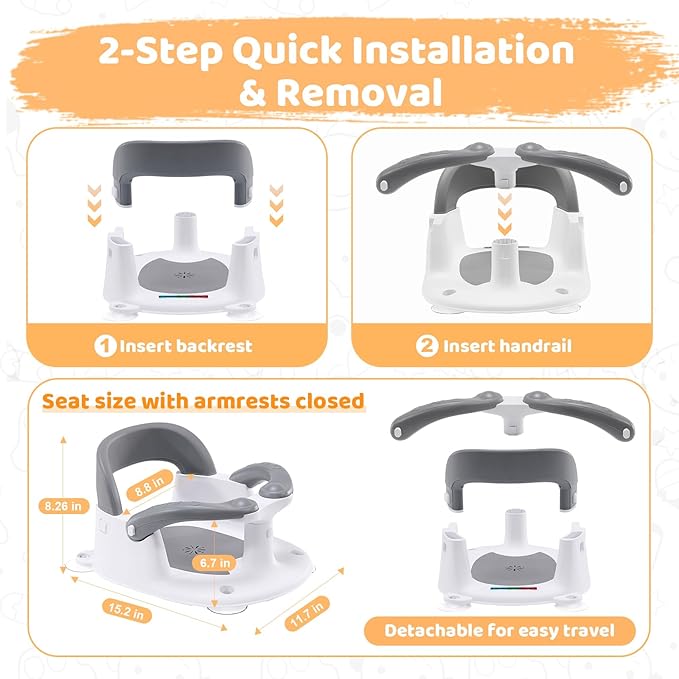 Baby Bath Seat for Babies 6 Months & Up Sitting Up,Infant Bath Seat with Temperature Alert+Open Backrest+on/Off Armrest,Toddler Bath seat Baby Bath Chair for Bathtub,Tub,Sink (Light Gray)