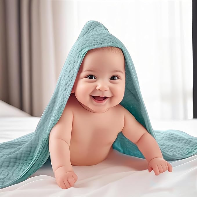 VitalCozy 12 Pcs Baby Muslin Hooded Bath Towels and Washcloths, Muslin Hooded Baby Towels Absorbent Blankets for Gift Newborn Infant Shower (Green Blue Gray)