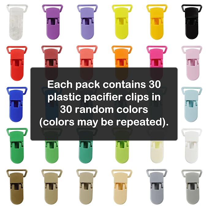 30-Pack Pacifier Clip Replacement Ends - BPA-Free Plastic Fasteners for DIY Baby Crafts, Sewing Bibs & Blankets Straps (3/4 Inch, Random Color)
