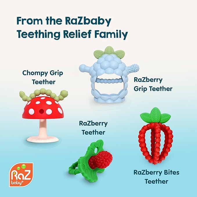 RaZbaby Teether Bundle – Chompy 2-Pack & Red RaZberry Pacifier for Babies 3M+, BPA-Free, Freezable, Sensory Teething Relief, Hands-Free, Easy to Hold, Soft Silicone – Great Baby Gift Set