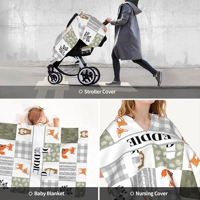 Personalized Baby Car Seat Canopy for Babies, Custom Name Car Seat Covers for Boys and Girls, Opening Minky Nursing Breastfeeding Cover for Infant, Carseat Canopies for Newborn (Woodland Animals)