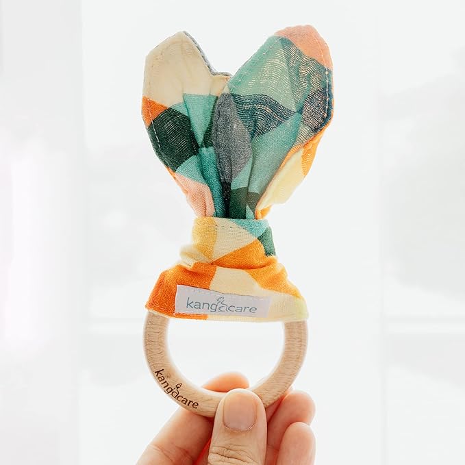 Kanga Care Baby Soft Muslin Sensory Crinkle Bunny Ear Wood Teething Ring - Finn Geometric