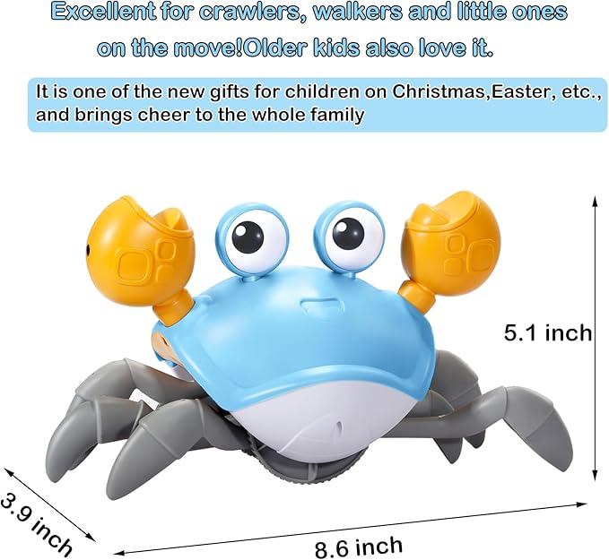 Plnmlls Crawling Crab Baby Toy - Tummy Time Toys-with Music and LED Light,Walking Crab Toy for 0-6 6-12 12-18 36 Months Walking Toddler Birthday Gift(Azure)
