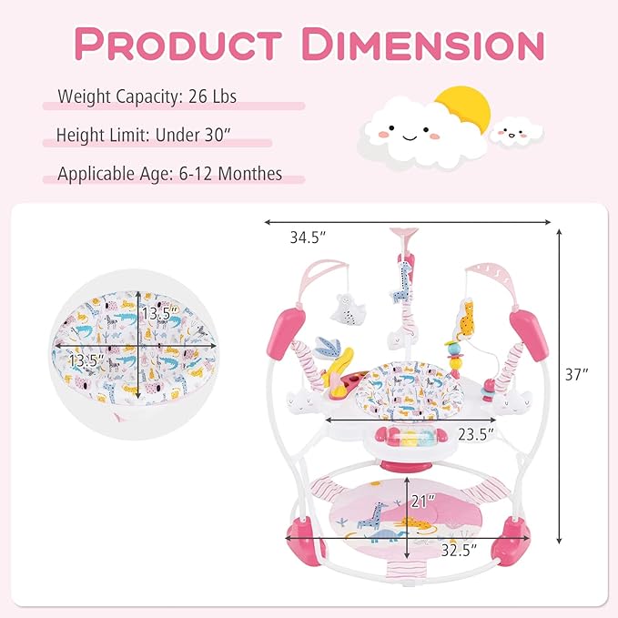 INFANS Baby Activity Center, 3 in 1 Play Center Jumpers and Bouncers with Music, Lights, Interactive Toys, 360°Rotating Seat, 3 Adjustable Heights, Exersaucer Learning Toys for Baby 6-12 Months (Pink)