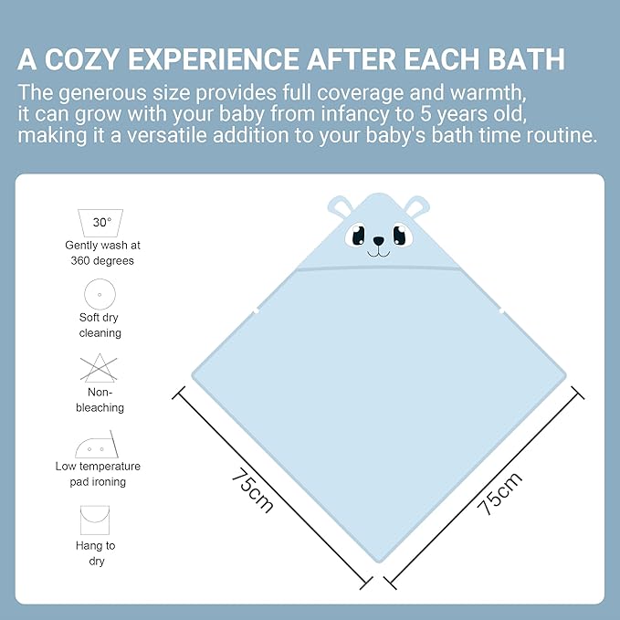 MICHLEY Bamboo Viscose Baby Hooded Bath Towel for Boys and Girls, 29.5 x 29.5 Inch Ultra-Soft and Quick-drying Infant Bath (Bear)