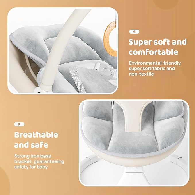 Electric Baby Swing with Remote Control - 5 Natural Motion Speeds, Detachable Seat Pad | Portable Infant Swing for Indoor/Outdoor Use (0-6M, 20lbs) (Beige)